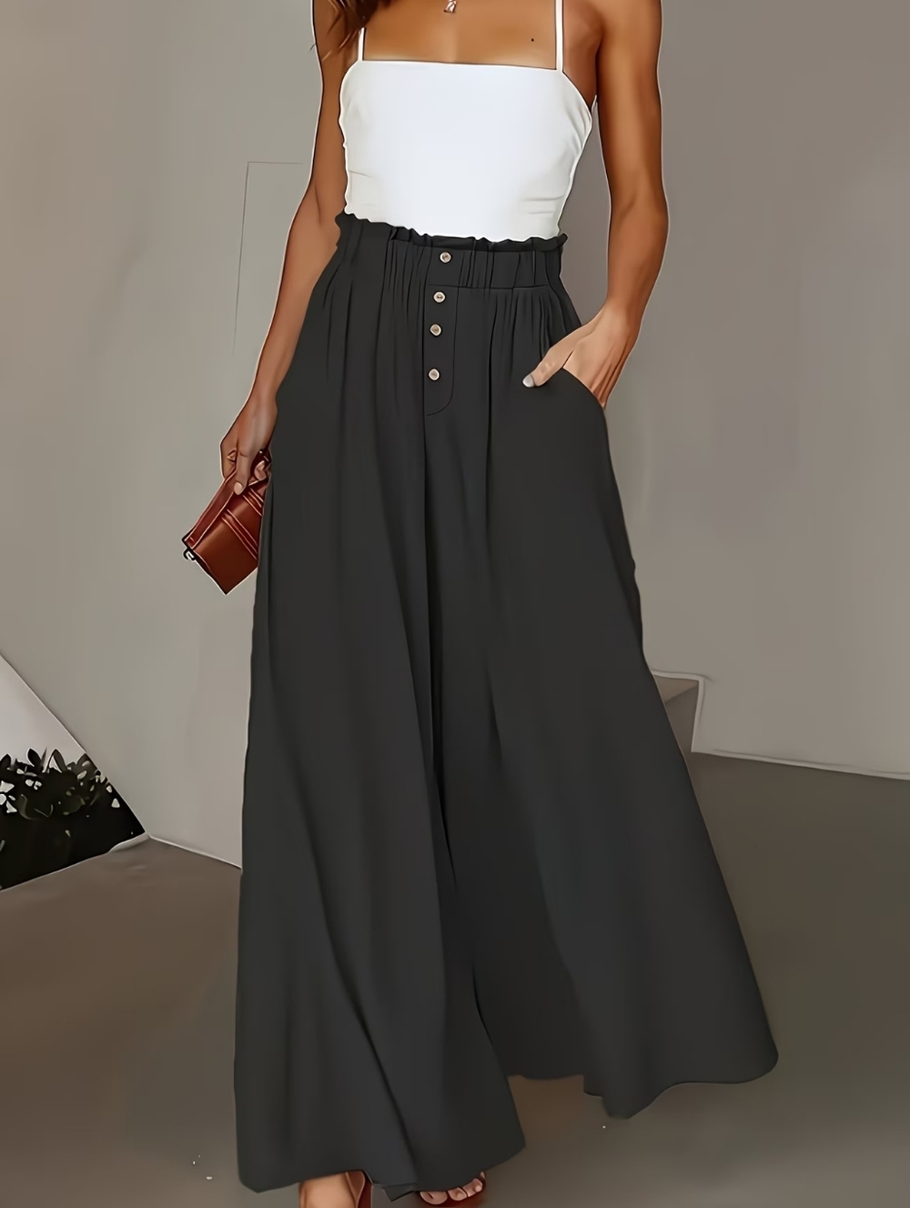 High-Waist Wide Leg Pants with Button Detail - Black